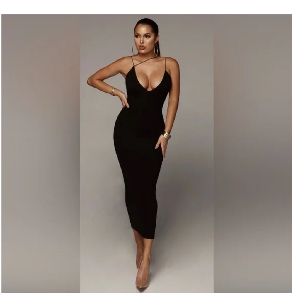 JLUXLABEL Black Strappy Midi Bodycon Dress